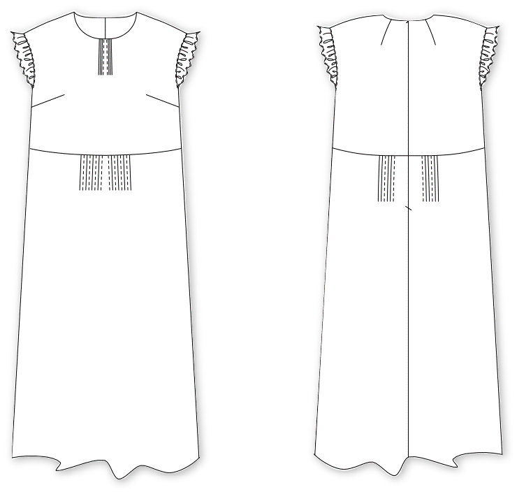 8Frilla_en ピンタック＆フリルマキシワンピース 　型紙通販　立体裁断