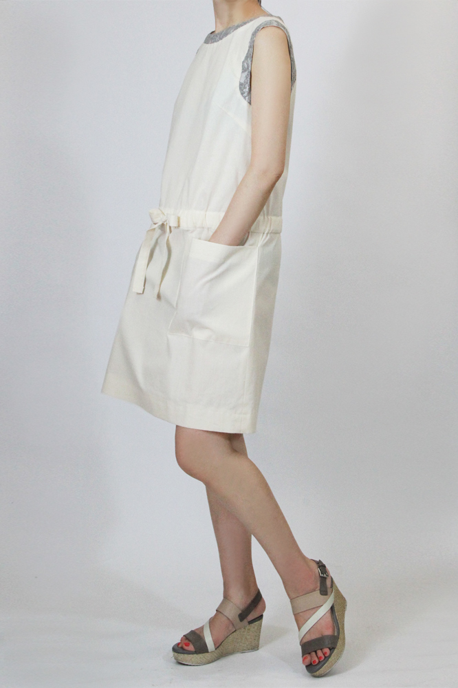 8Lim 衿、袖ぐり切り替え、ウエストリボンワンピース　型紙通販　立体裁断