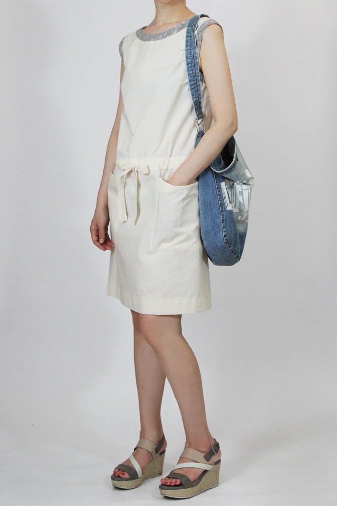 8Lim 衿、袖ぐり切り替え、ウエストリボンワンピース　型紙通販　立体裁断